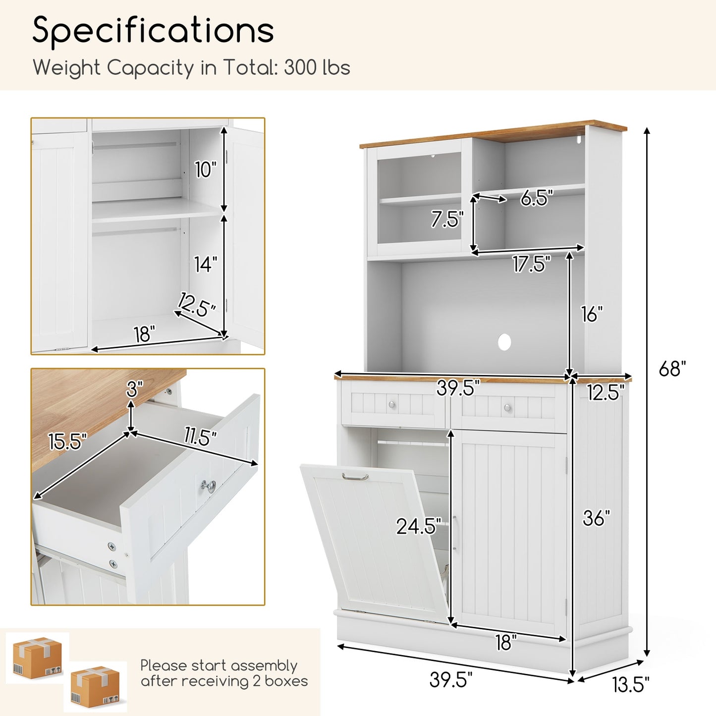 Double Tilt Out Trash Cabinet with Hutch and Rubber Wood Countertop, White Sideboards Cabinets & Buffets at Gallery Canada