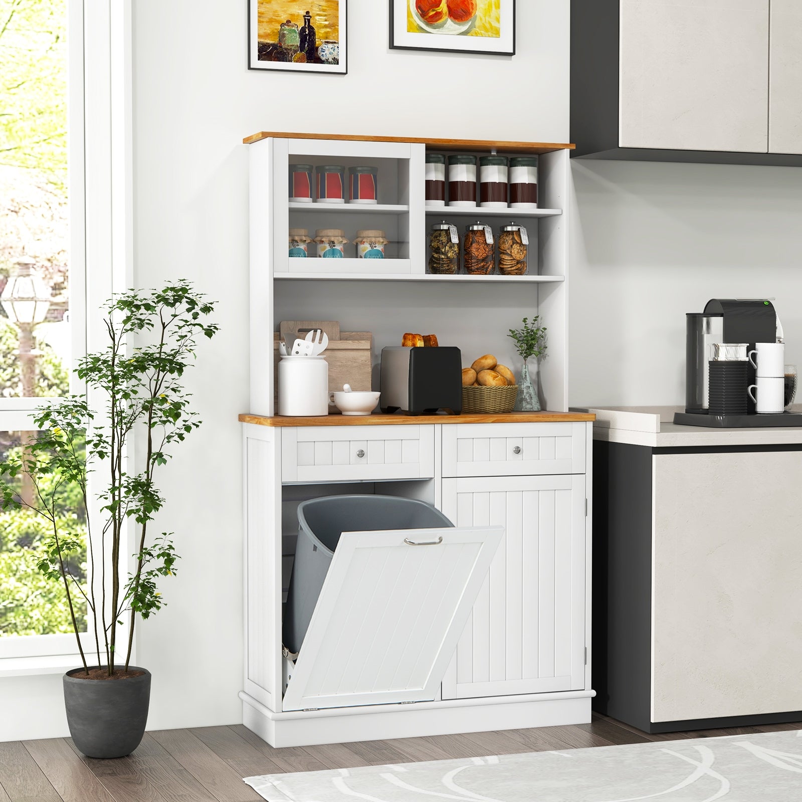 Double Tilt Out Trash Cabinet with Hutch and Rubber Wood Countertop, White Sideboards Cabinets & Buffets at Gallery Canada