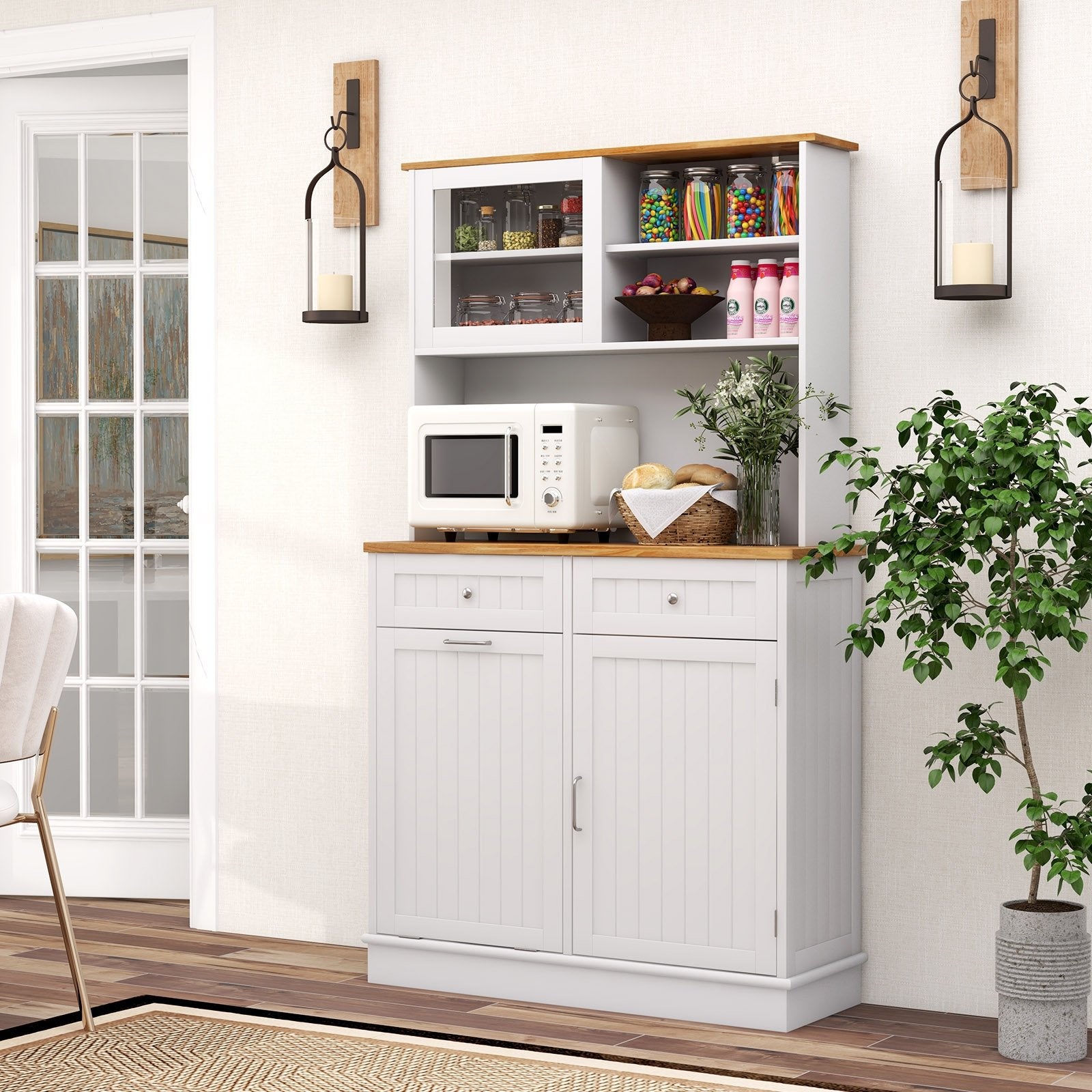 Double Tilt Out Trash Cabinet with Hutch and Rubber Wood Countertop, White at Gallery Canada