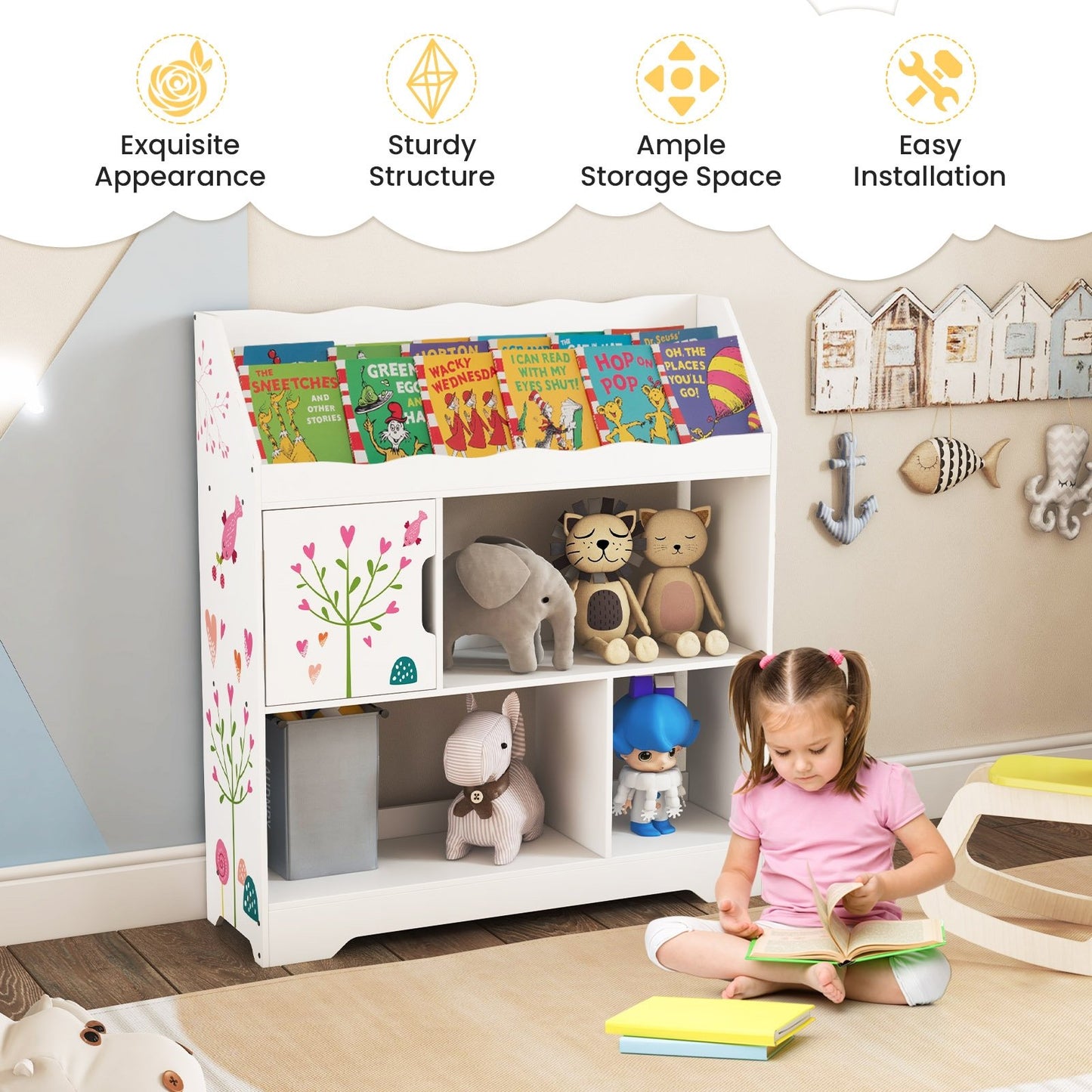 Kids Toy Storage Organizer with Book Shelf and Storage Cabinet, White