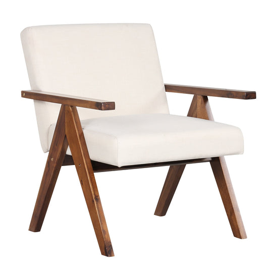 Modern Accent Chair Linen Fabric Armchair with Solid Acacia Wood Frame, Beige