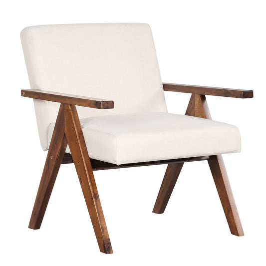 Modern Accent Chair Linen Fabric Armchair with Solid Acacia Wood Frame, Beige Accent Chairs Beige at Gallery Canada