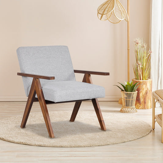 Modern Accent Chair Linen Fabric Armchair with Solid Acacia Wood Frame, Gray - Gallery Canada