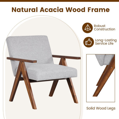 Modern Accent Chair Linen Fabric Armchair with Solid Acacia Wood Frame, Gray