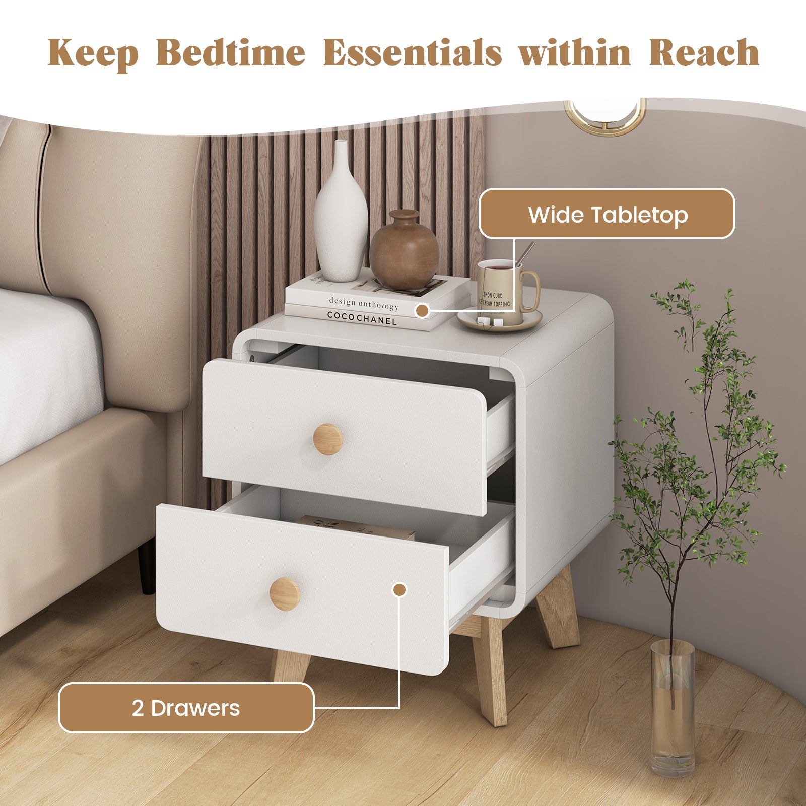 Nightstand With 2 Drawers, Solid Rubber Wood Legs, White Nightstands at Gallery Canada