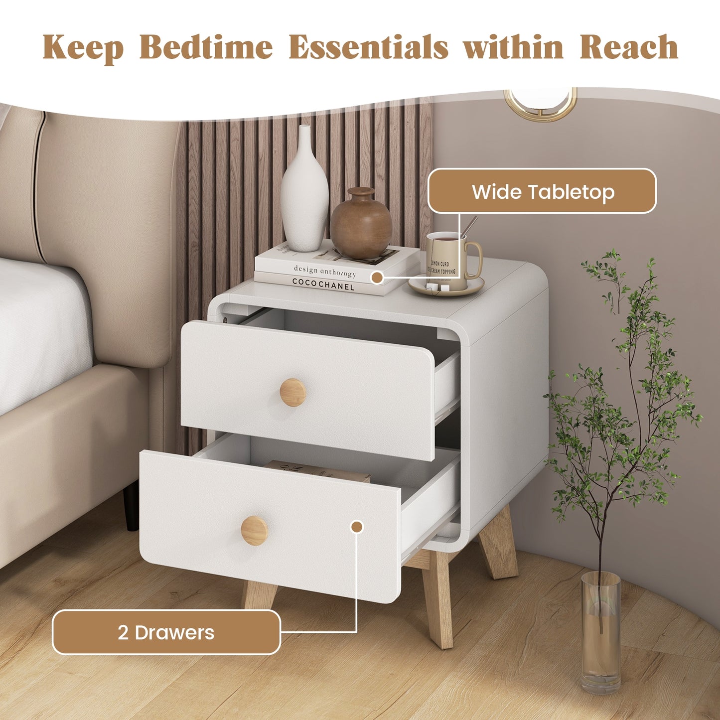 Nightstand With 2 Drawers, Solid Rubber Wood Legs, White Nightstands at Gallery Canada