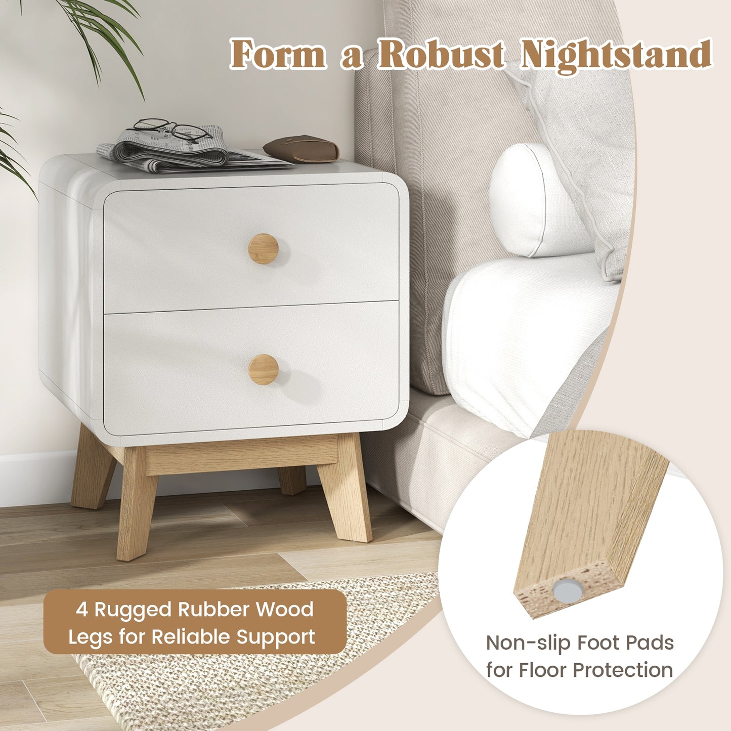Nightstand With 2 Drawers, Solid Rubber Wood Legs, White Nightstands at Gallery Canada