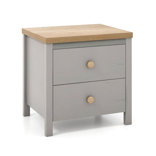 2-Drawer Nightstand with Rubber Wood Legs, Gray