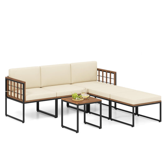 6 Pieces Acacia Wood Patio Furniture Set with Coffee Table and Ottomans, Beige - Gallery Canada