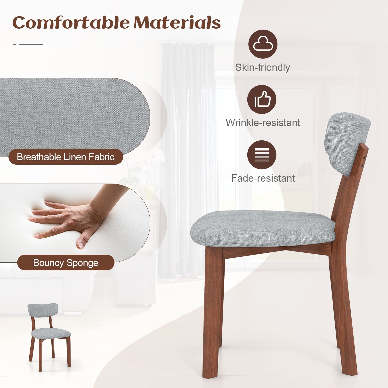 Dining Chairs Set of 2 Upholstered Mid-Back Chairs with Solid Rubber Wood Frame, Gray Dining Chairs at Gallery Canada