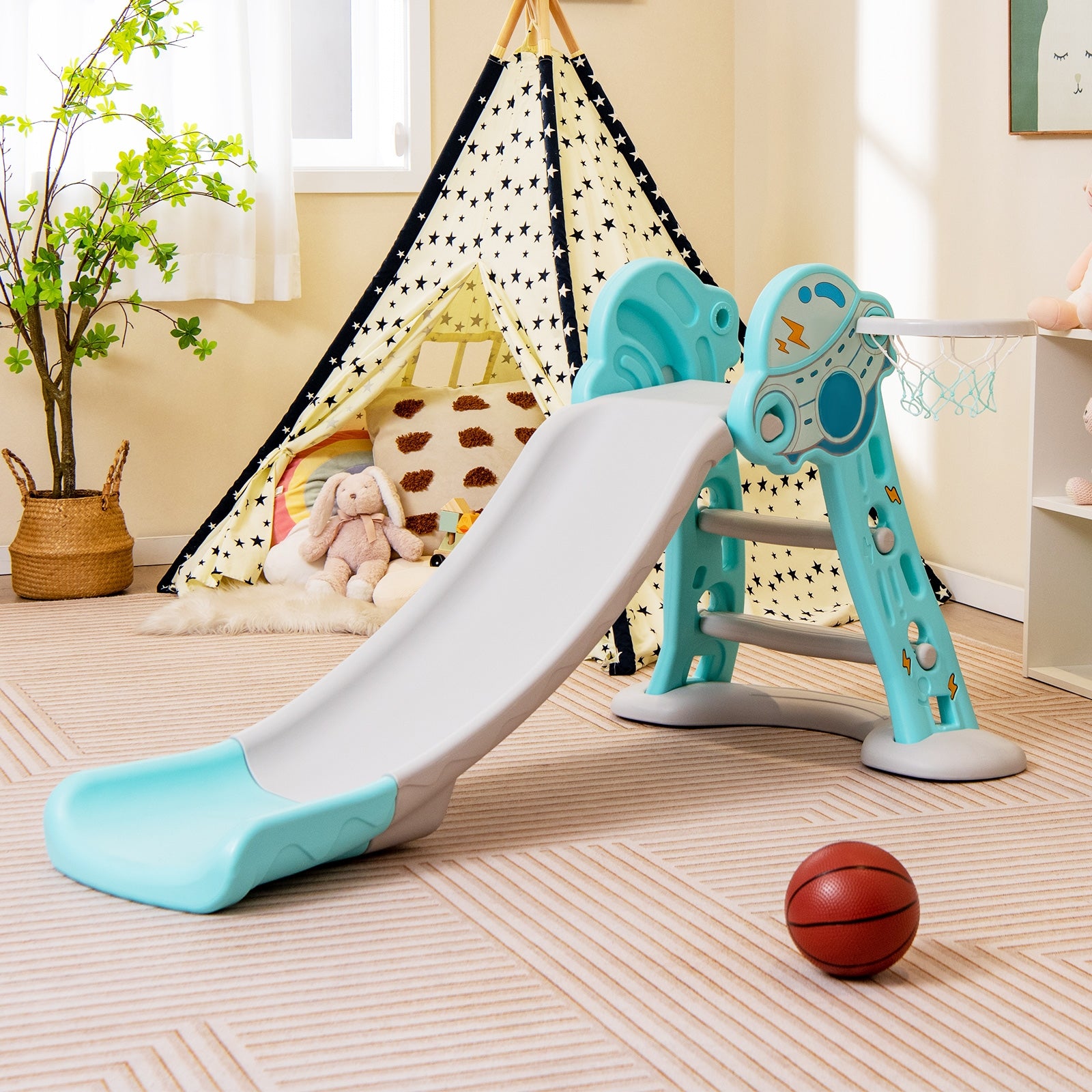 3-in-1 Folding Slide Playset with Basketball Hoop and Small Basketball, Blue Climbers & Slides at Gallery Canada