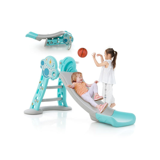 3-in-1 Folding Slide Playset with Basketball Hoop and Small Basketball, Blue