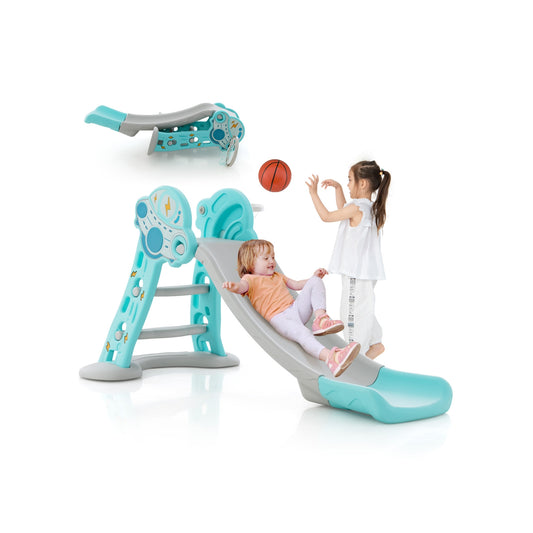 3-in-1 Folding Slide Playset with Basketball Hoop and Small Basketball, Blue Climbers & Slides Blue at Gallery Canada