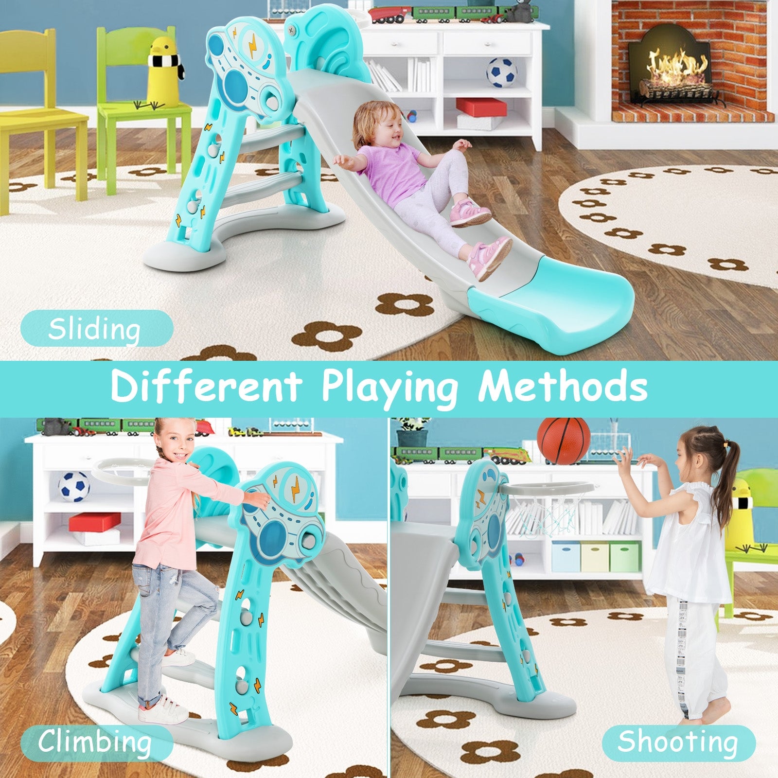 3-in-1 Folding Slide Playset with Basketball Hoop and Small Basketball, Blue Climbers & Slides at Gallery Canada