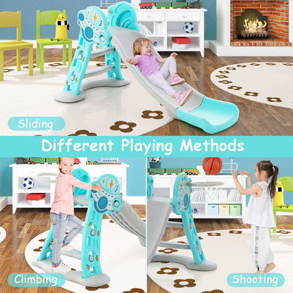 3-in-1 Folding Slide Playset with Basketball Hoop and Small Basketball, Blue Climbers & Slides at Gallery Canada