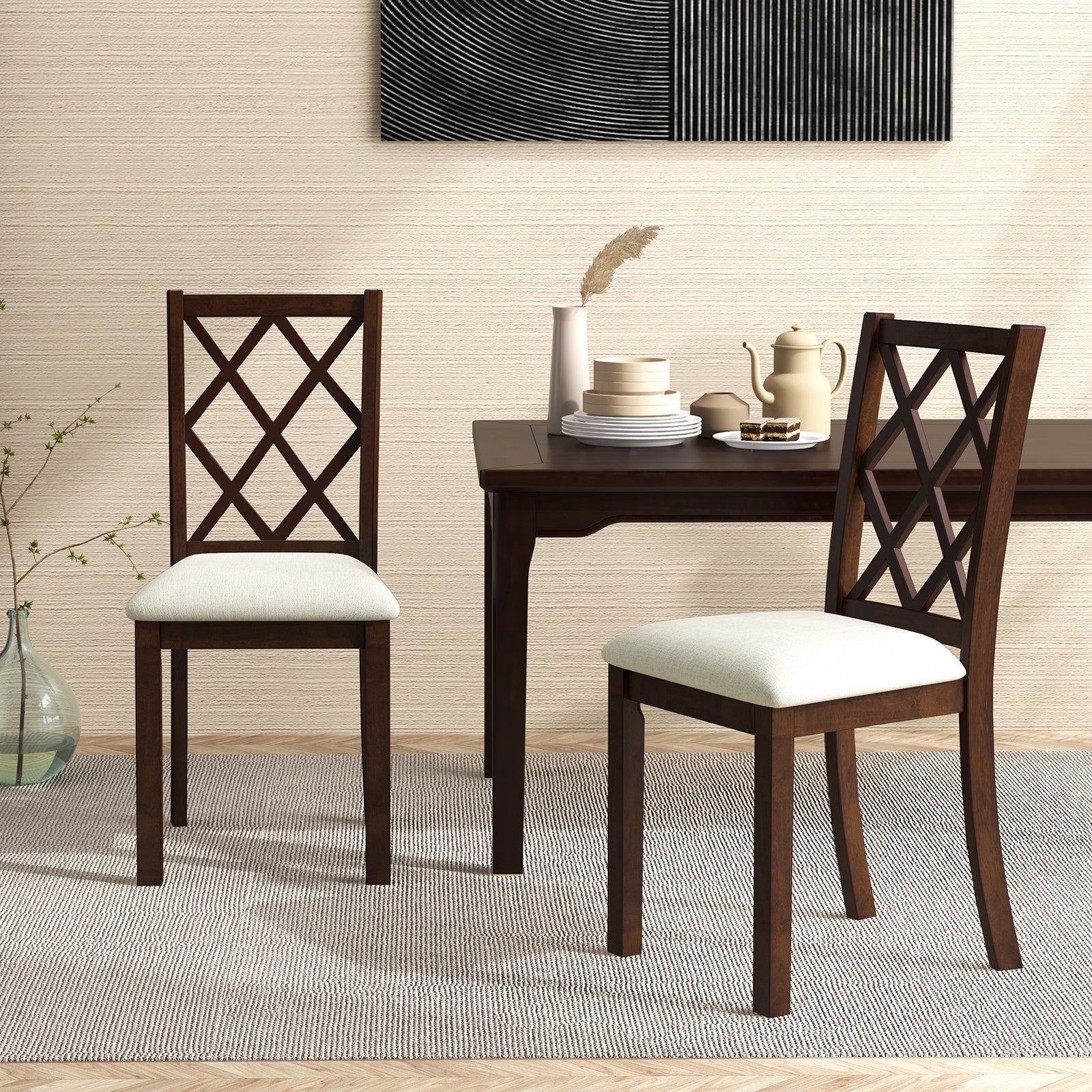Dining Chair Set of 2 Wood Kitchen Chairs with Upholstered Seat Cushion and Rubber Wood Legs, Brown Dining Chairs at Gallery Canada