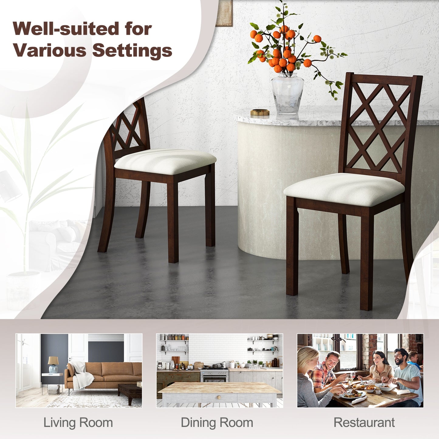 Dining Chair Set of 2 Wood Kitchen Chairs with Upholstered Seat Cushion and Rubber Wood Legs, Brown Dining Chairs at Gallery Canada