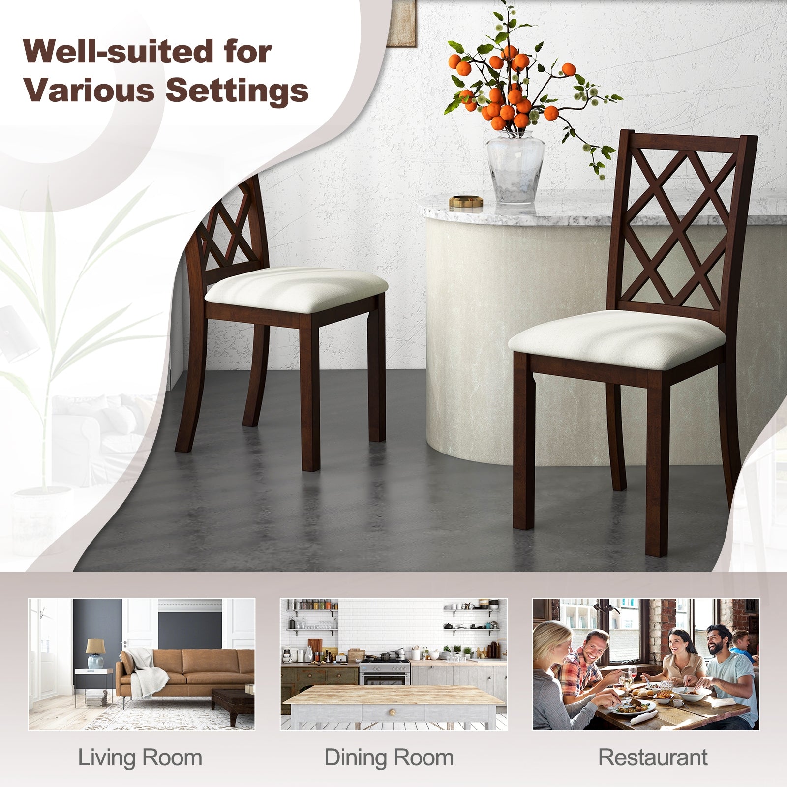 Dining Chair Set of 2 Wood Kitchen Chairs with Upholstered Seat Cushion and Rubber Wood Legs, Brown Dining Chairs at Gallery Canada