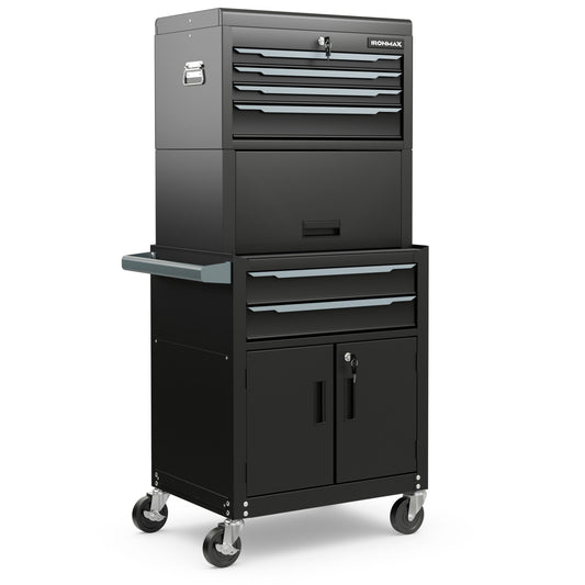 3-in-1 6-Drawer Rolling Tool Chest Storage Cabinet with Universal Wheels and Hooks, Black