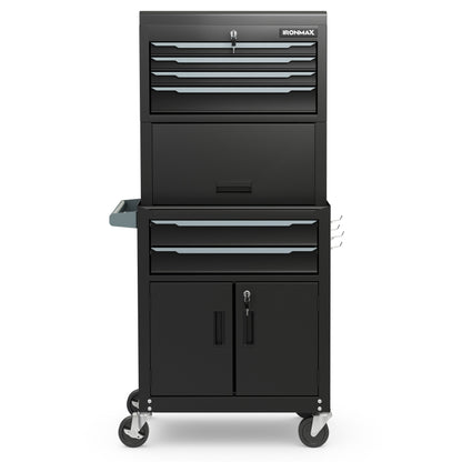3-in-1 6-Drawer Rolling Tool Chest Storage Cabinet with Universal Wheels and Hooks, Black