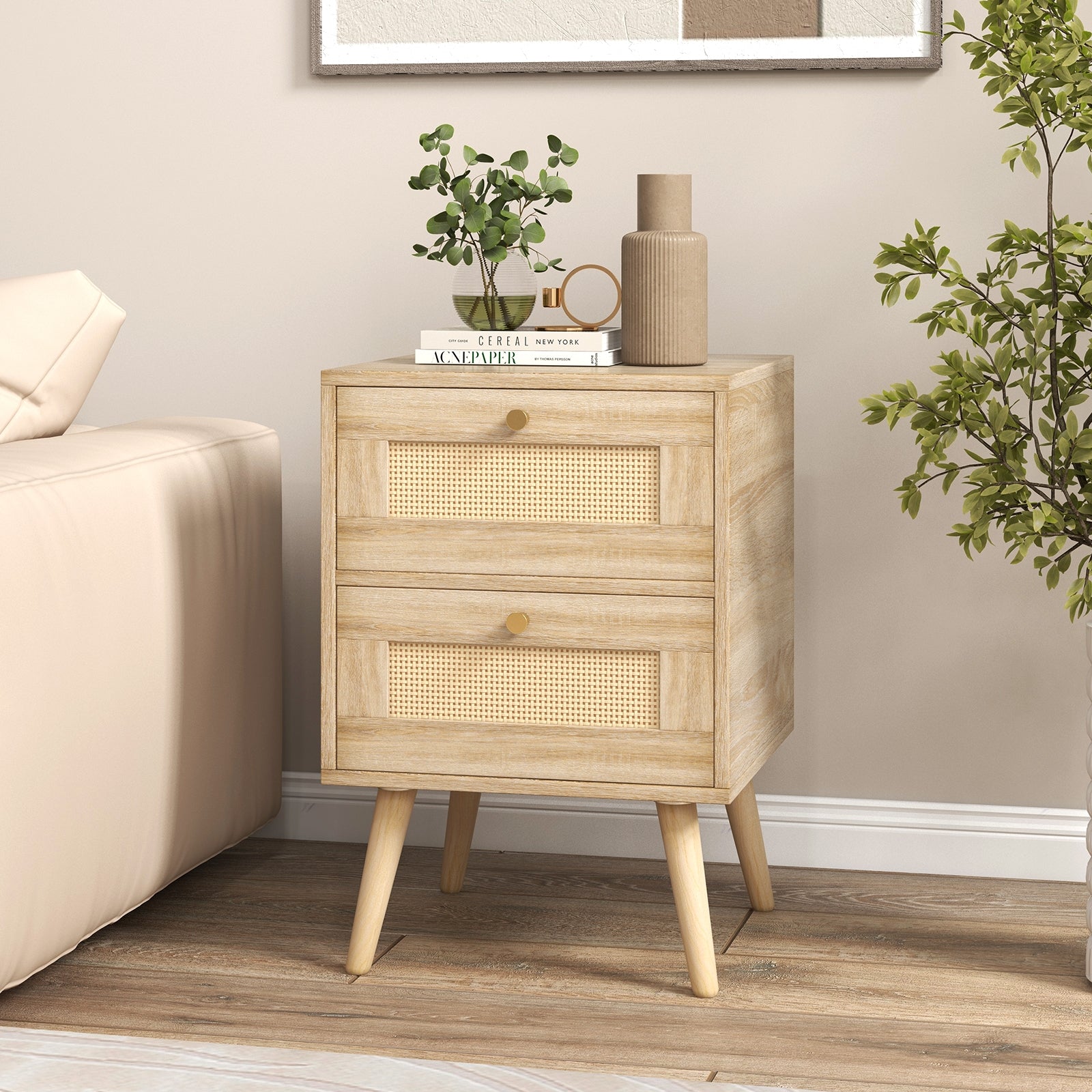 Rattan Nightstand Boho Accent Bedside Table with 2 Storage Drawers, Natural Nightstands at Gallery Canada