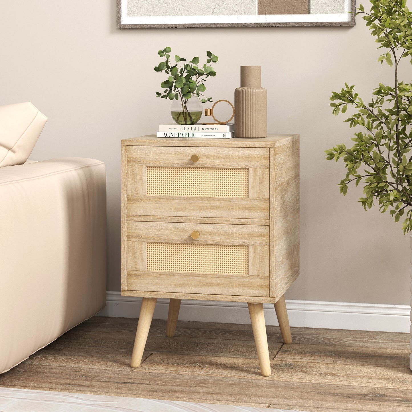 Rattan Nightstand Boho Accent Bedside Table with 2 Storage Drawers, Natural Nightstands at Gallery Canada