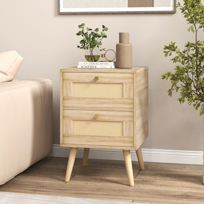 Rattan Nightstand Boho Accent Bedside Table with 2 Storage Drawers, Natural Nightstands at Gallery Canada