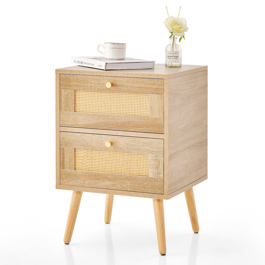 Rattan Nightstand Boho Accent Bedside Table with 2 Storage Drawers, Natural