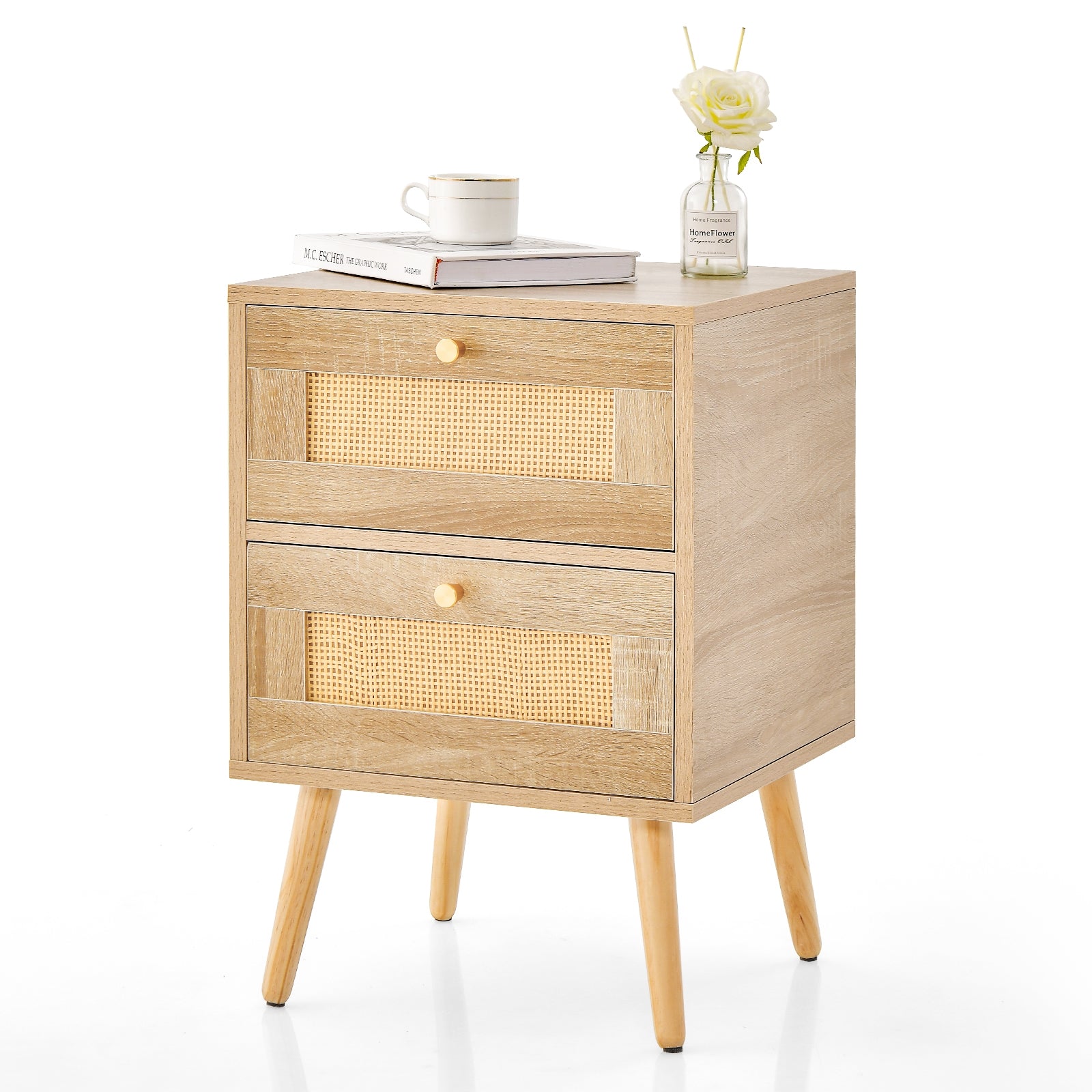 Rattan Nightstand Boho Accent Bedside Table with 2 Storage Drawers, Natural Nightstands at Gallery Canada