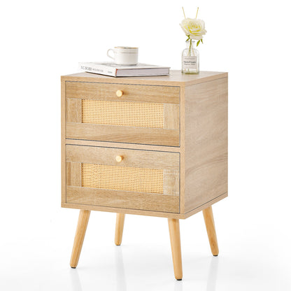 Rattan Nightstand Boho Accent Bedside Table with 2 Storage Drawers, Natural Nightstands at Gallery Canada