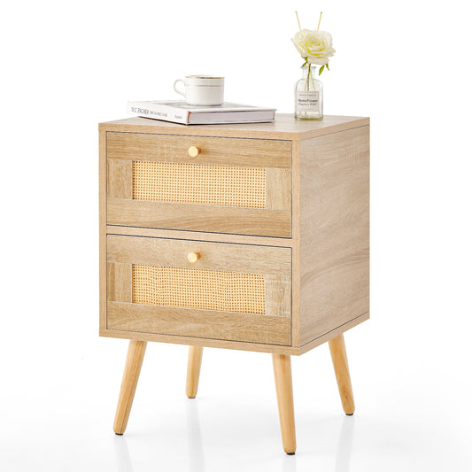 Rattan Nightstand Boho Accent Bedside Table with 2 Storage Drawers, Natural Nightstands Natural at Gallery Canada