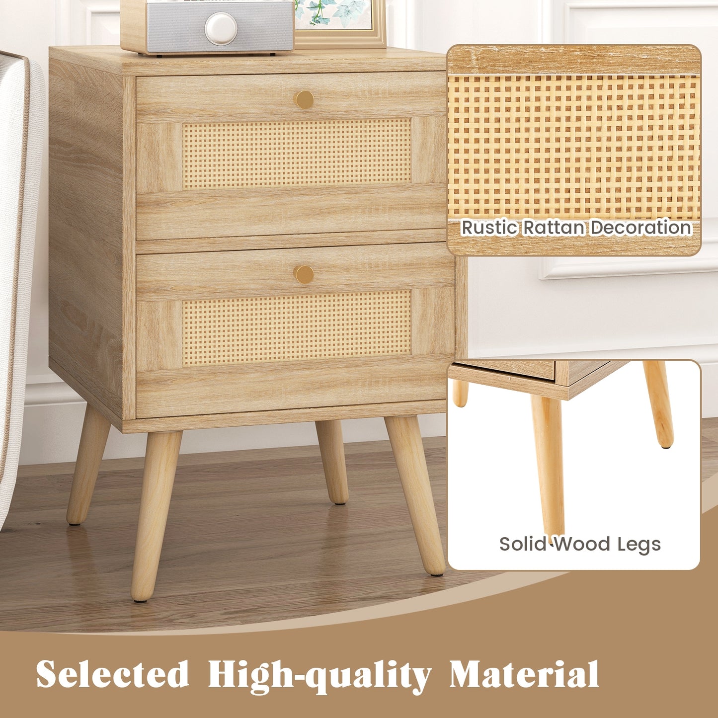 Rattan Nightstand Boho Accent Bedside Table with 2 Storage Drawers, Natural Nightstands at Gallery Canada