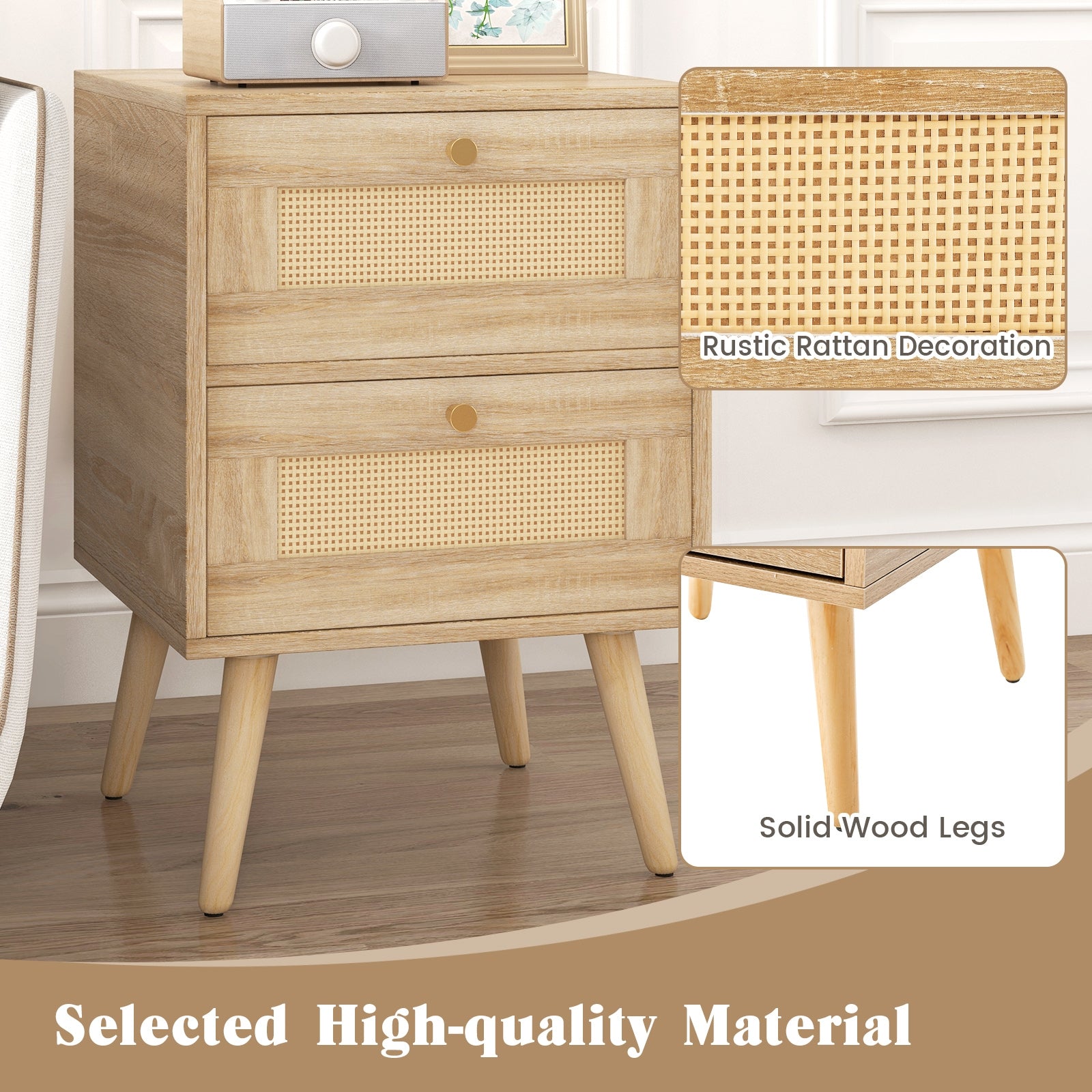 Rattan Nightstand Boho Accent Bedside Table with 2 Storage Drawers, Natural Nightstands at Gallery Canada