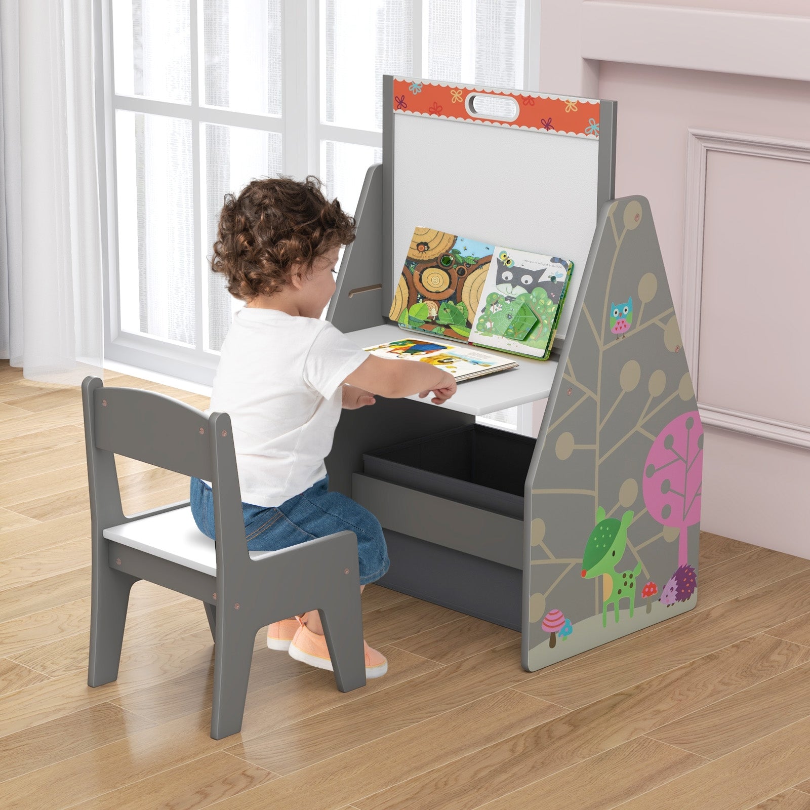 3 in 1 Kids Easel and Play Station Convertible with Chair and Storage Bins, Gray Art Easels at Gallery Canada