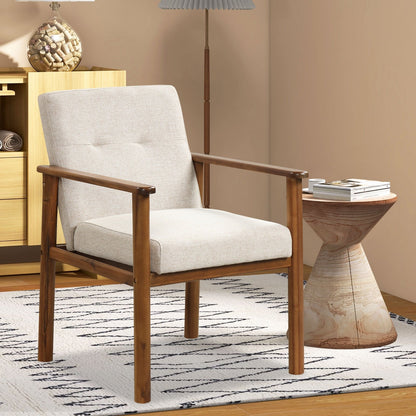 Modern Accent Linen Fabric Armchair with Solid Wood Legs and Soft Cushioned Seat, Natural