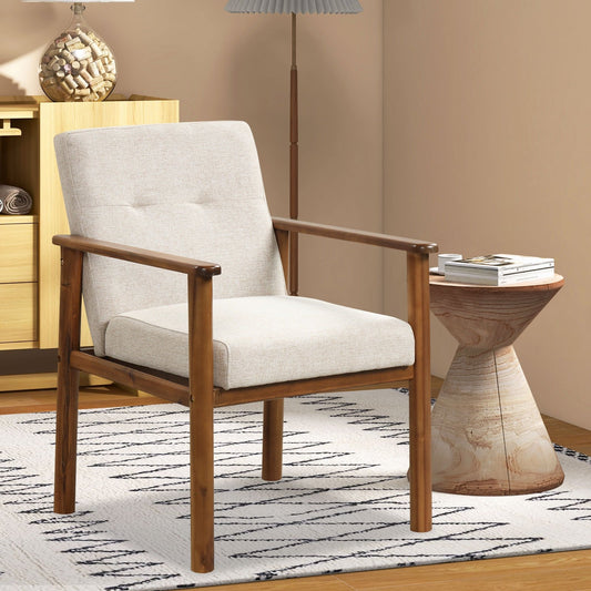 Modern Accent Linen Fabric Armchair with Solid Wood Legs and Soft Cushioned Seat, Natural - Gallery Canada