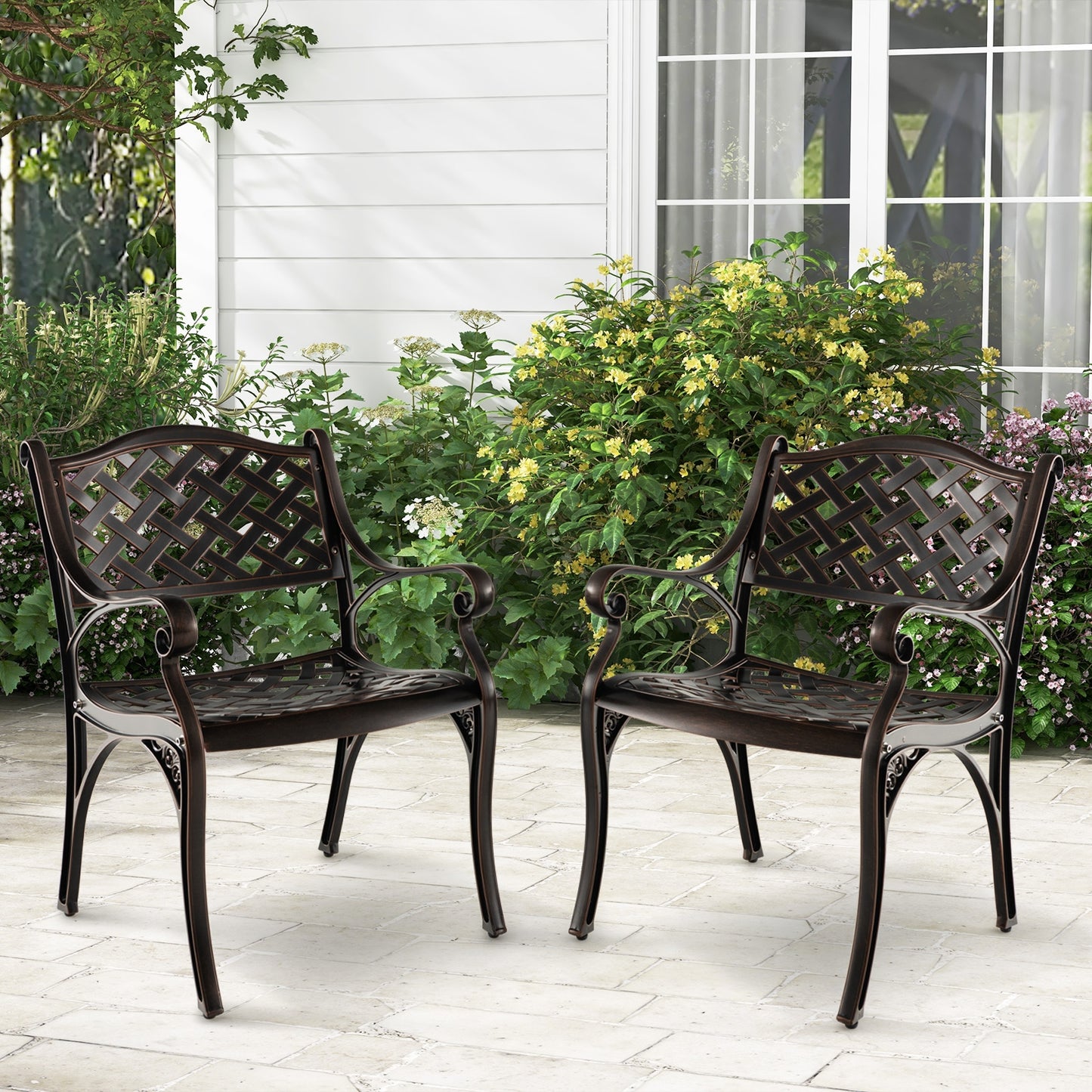 Cast Aluminum Patio Chairs Set of 2 Dining Chairs with Armrests Diamond Pattern, Bronze Patio Dining Chairs at Gallery Canada