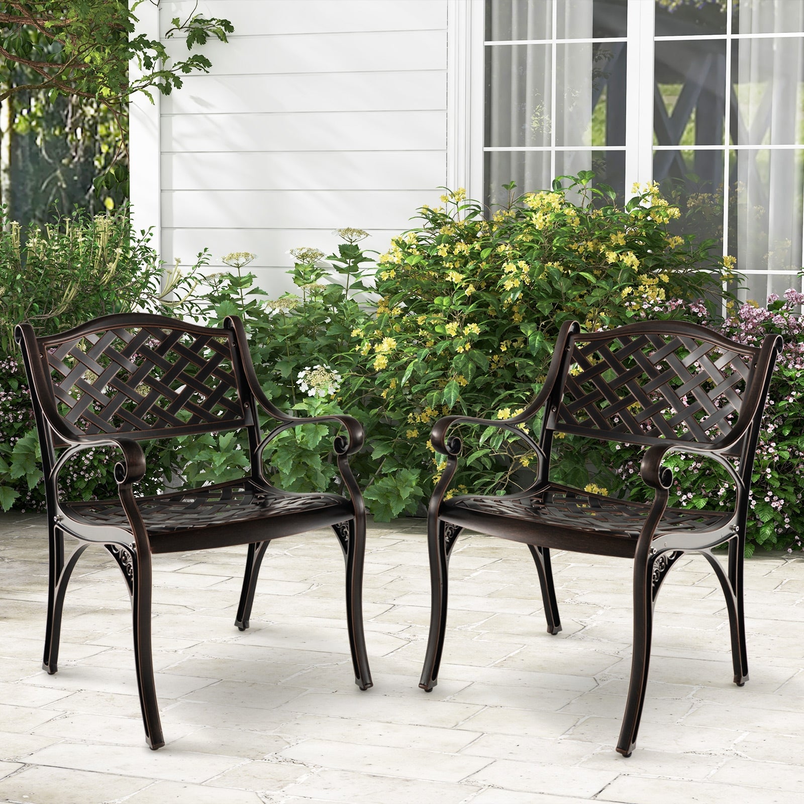 Cast Aluminum Patio Chairs Set of 2 Dining Chairs with Armrests Diamond Pattern, Bronze Patio Dining Chairs at Gallery Canada