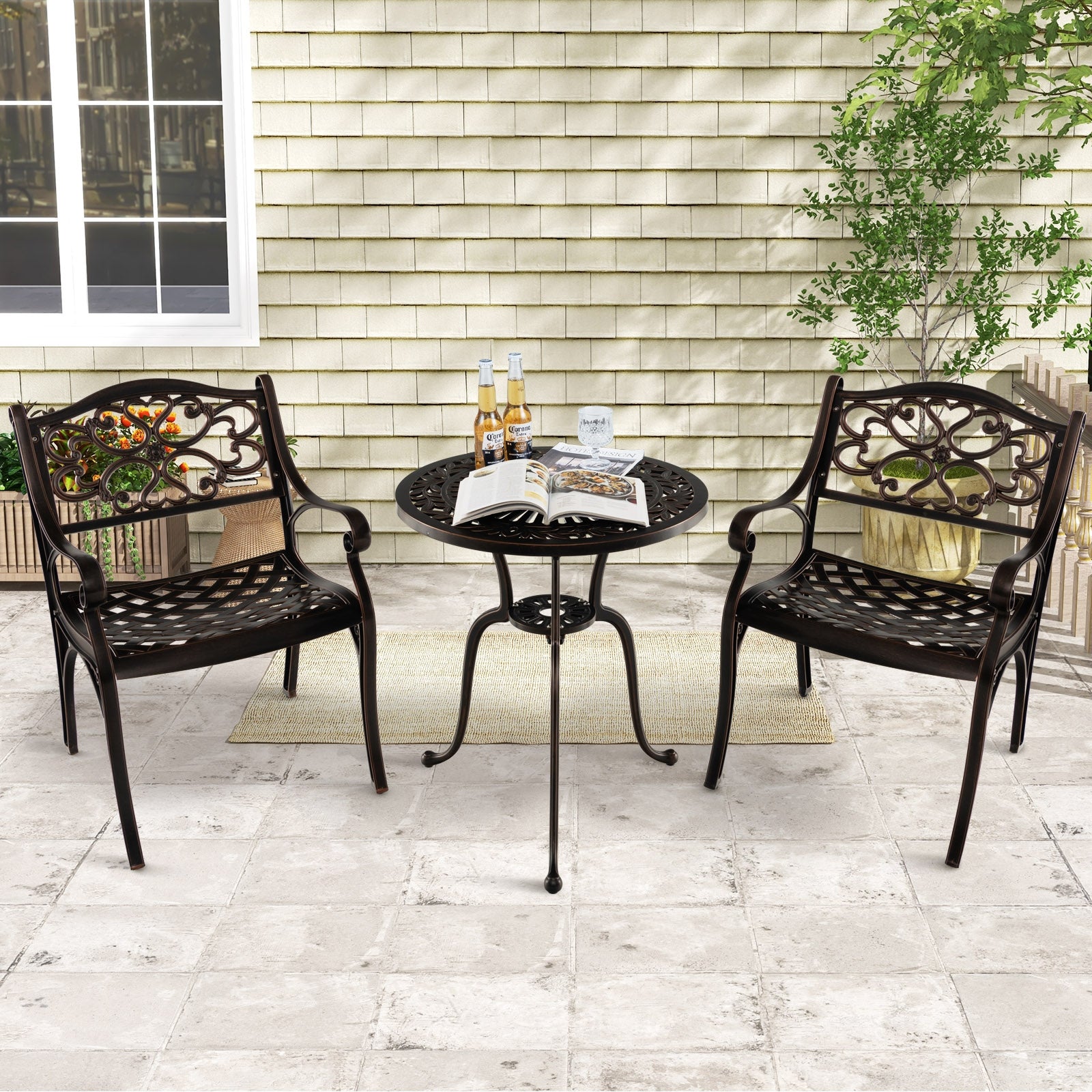 Cast Aluminum Patio Chairs Set of 2 Dining Chairs with Armrests Diamond Pattern, Bronze Patio Dining Chairs at Gallery Canada