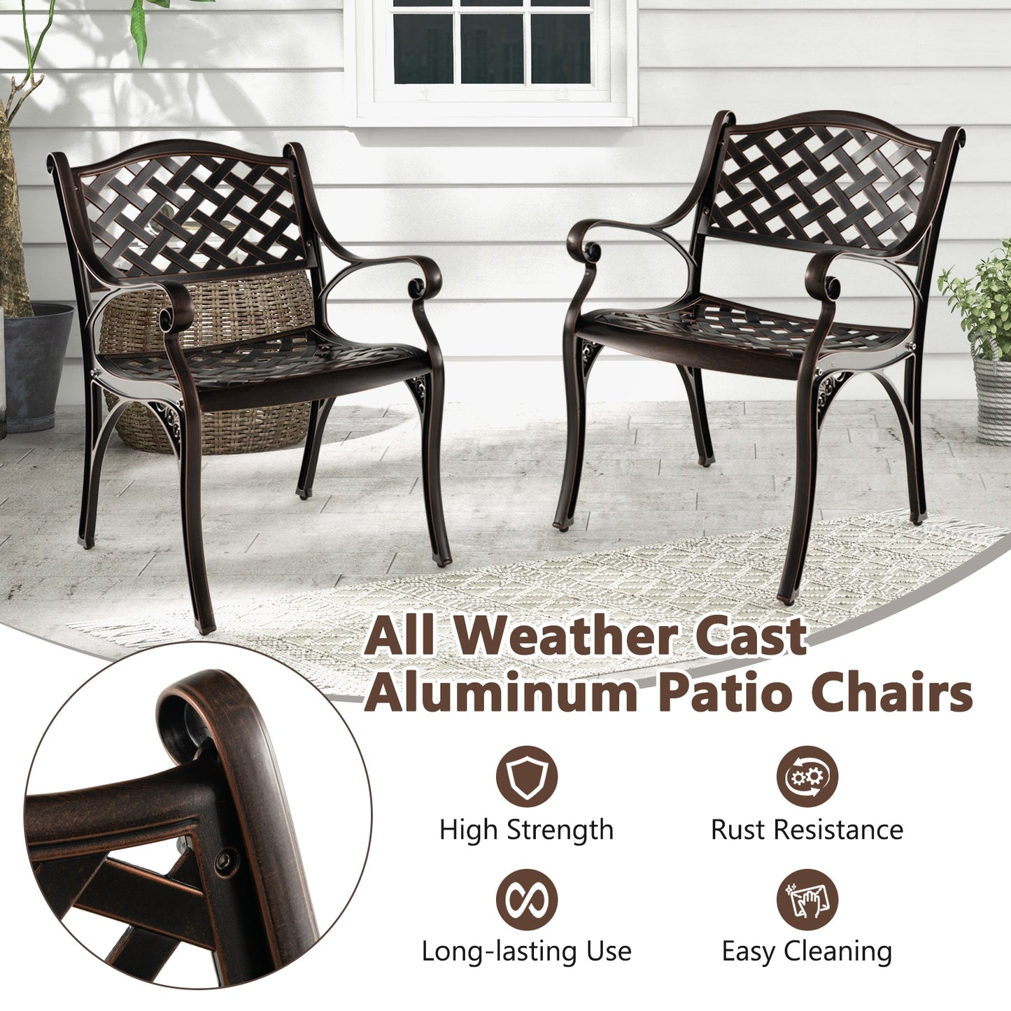 Cast Aluminum Patio Chairs Set of 2 Dining Chairs with Armrests Diamond Pattern, Bronze Patio Dining Chairs at Gallery Canada