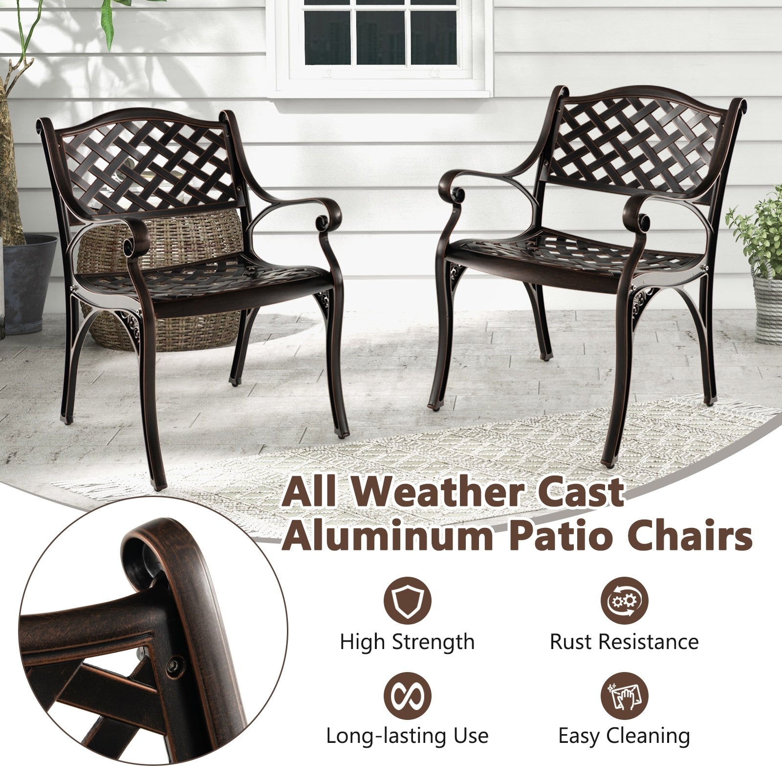 Cast Aluminum Patio Chairs Set of 2 Dining Chairs with Armrests Diamond Pattern, Bronze Patio Dining Chairs at Gallery Canada