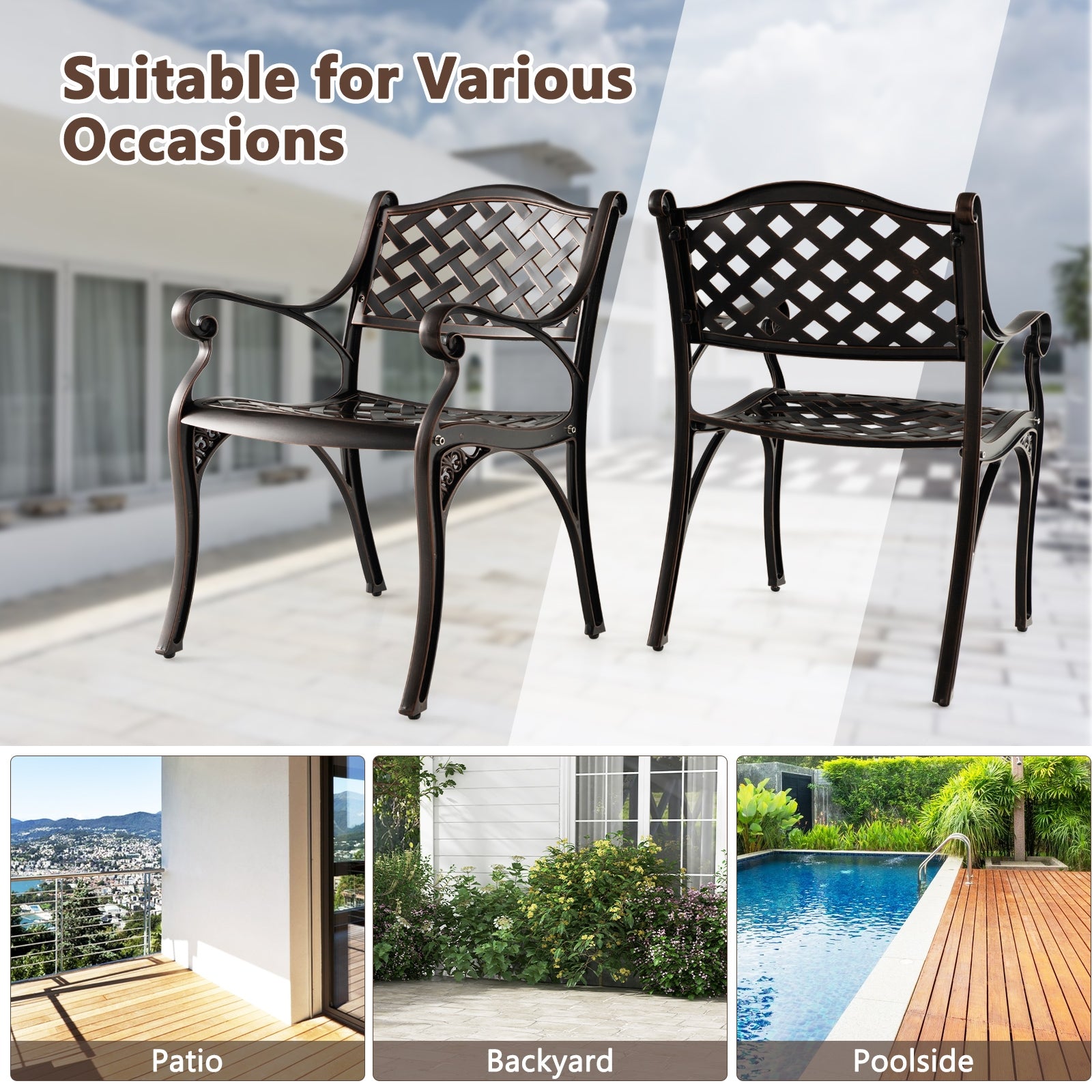 Cast Aluminum Patio Chairs Set of 2 Dining Chairs with Armrests Diamond Pattern, Bronze Patio Dining Chairs at Gallery Canada