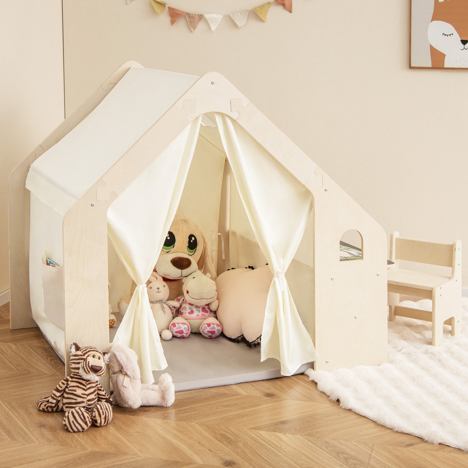 Montessori Style Indoor Playhouse with Storage Bin and Floor Mat for Toddlers Aged 2-6 Years Old, Beige Play Tents & Playhouse at Gallery Canada