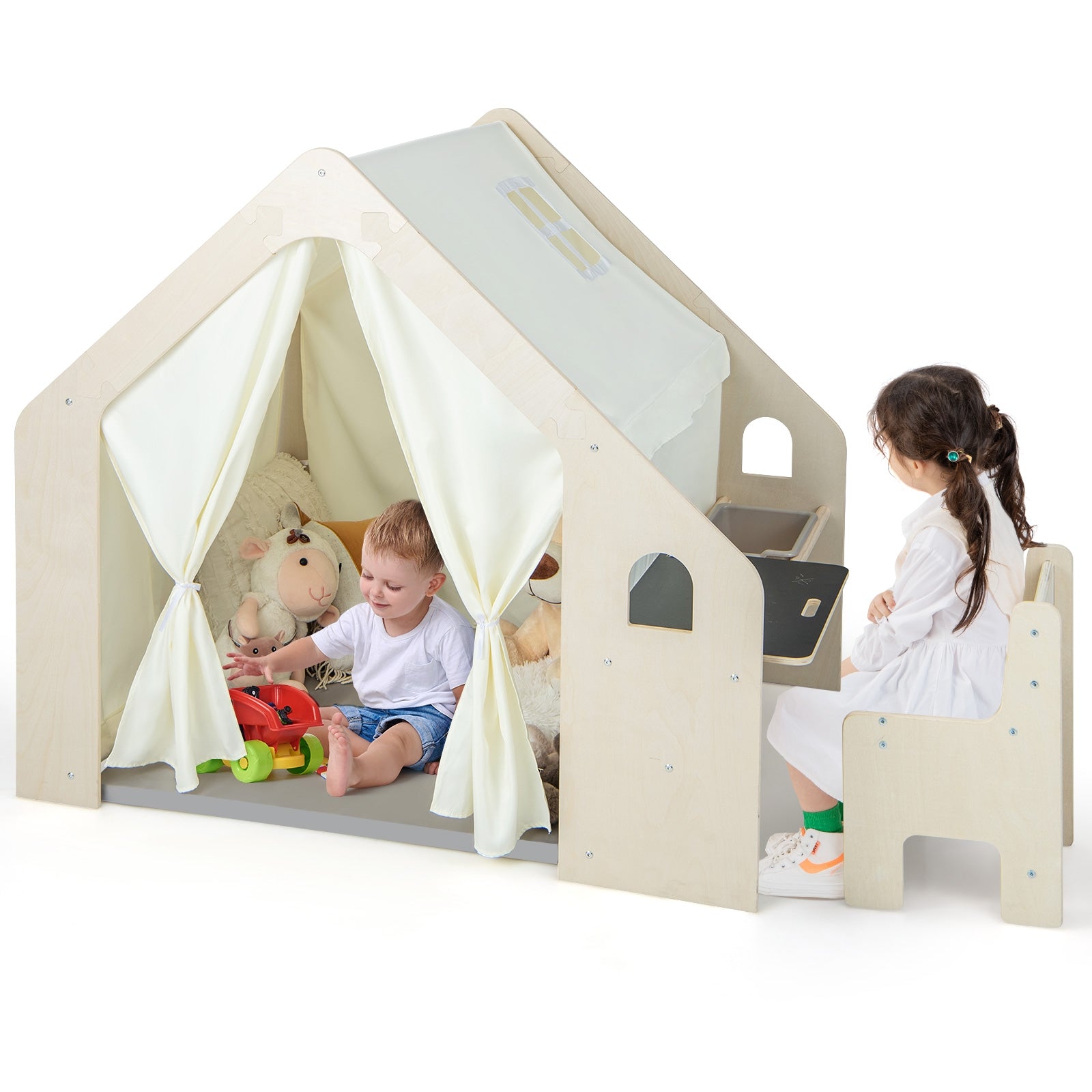 Montessori Style Indoor Playhouse with Storage Bin and Floor Mat for Toddlers Aged 2-6 Years Old, Beige Play Tents & Playhouse at Gallery Canada