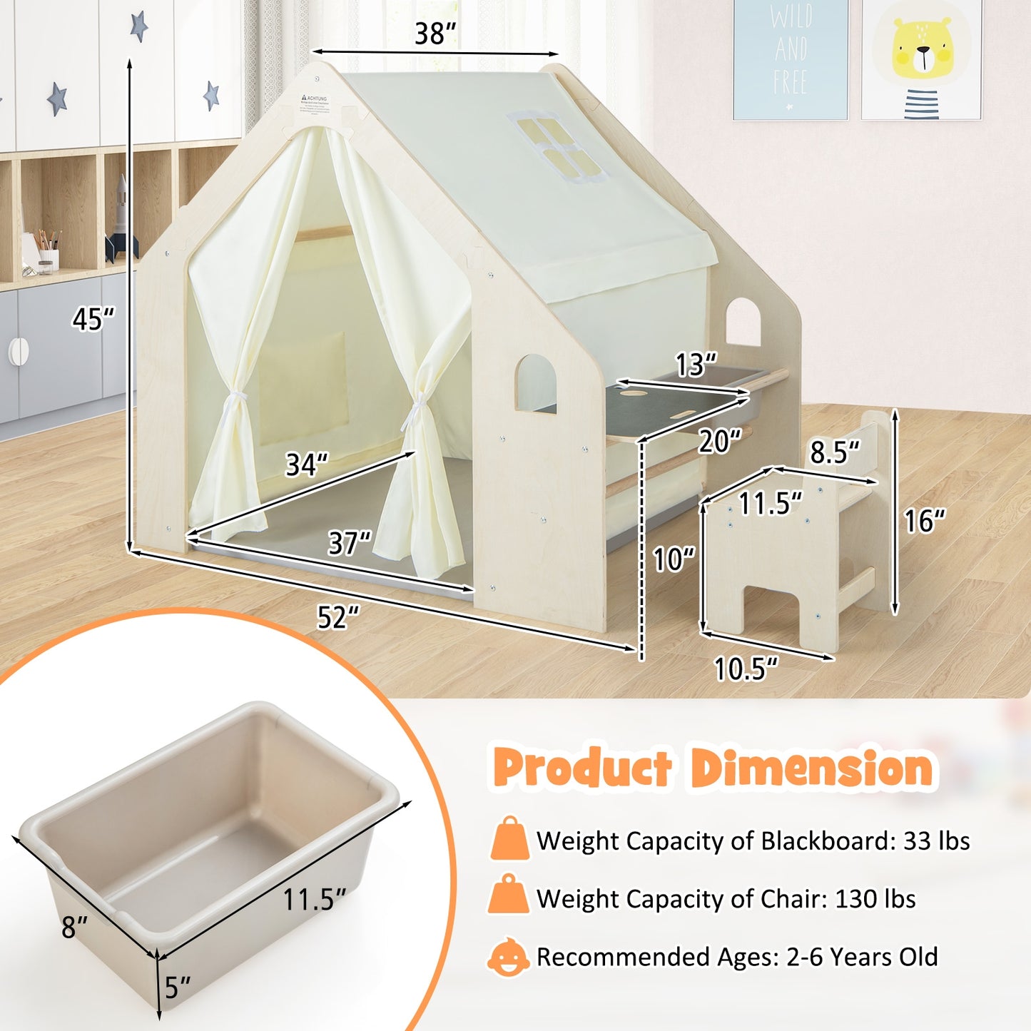 Montessori Style Indoor Playhouse with Storage Bin and Floor Mat for Toddlers Aged 2-6 Years Old, Beige Play Tents & Playhouse at Gallery Canada