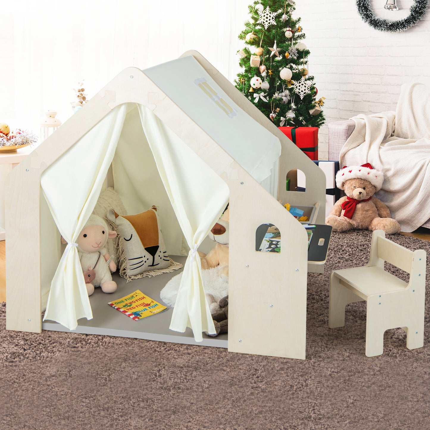 Montessori Style Indoor Playhouse with Storage Bin and Floor Mat for Toddlers Aged 2-6 Years Old, Beige Play Tents & Playhouse at Gallery Canada