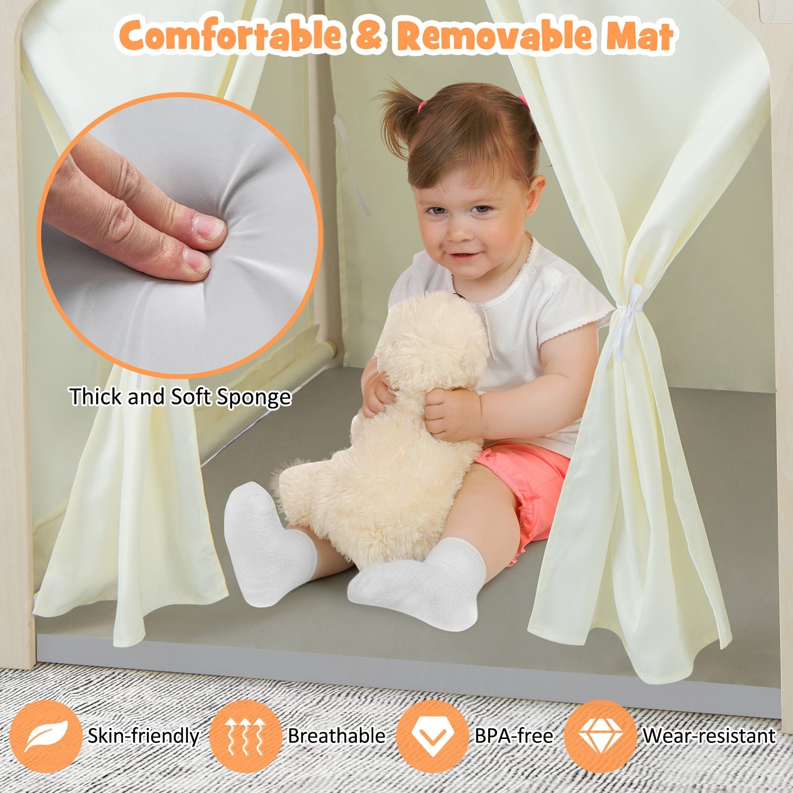 Montessori Style Indoor Playhouse with Storage Bin and Floor Mat for Toddlers Aged 2-6 Years Old, Beige Play Tents & Playhouse at Gallery Canada