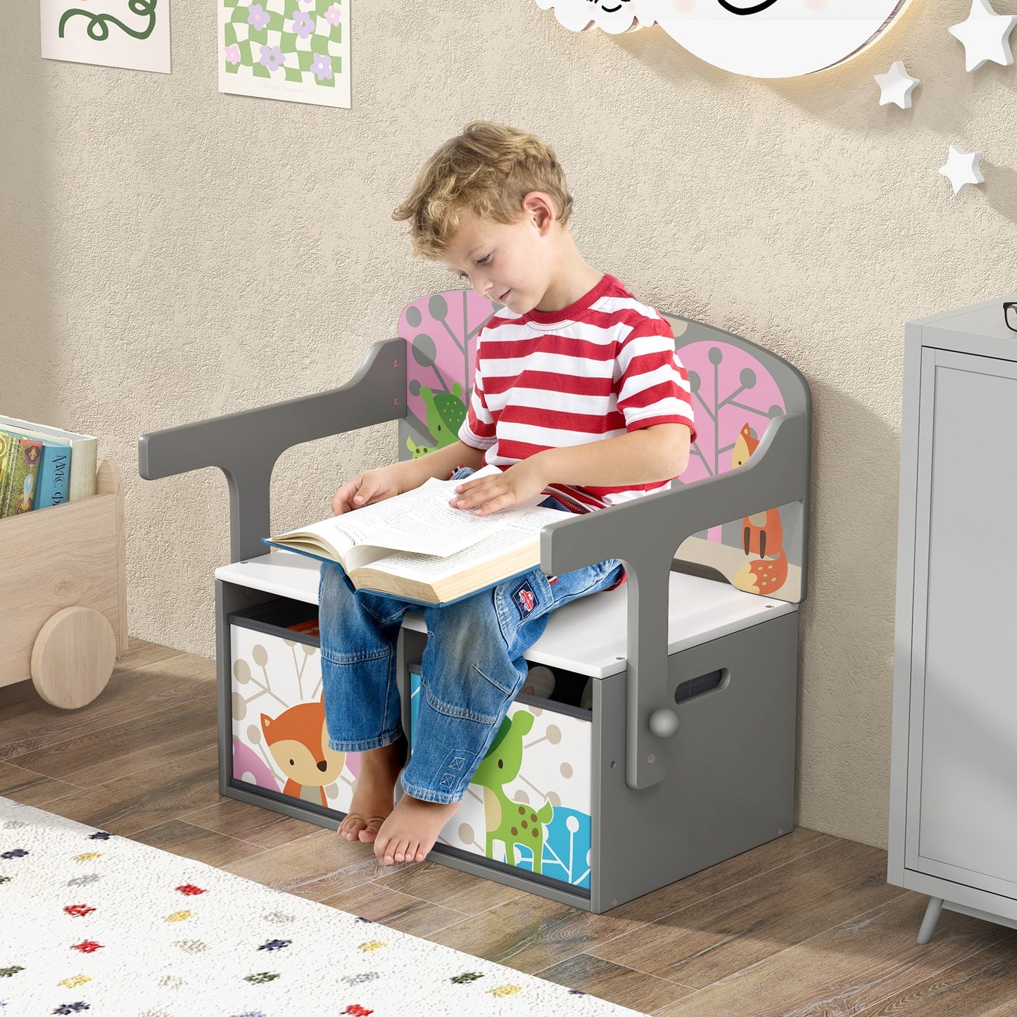 3 in 1 Kids Convertible Activity Bench with 2 Removable Fabric Bins, Gray Kids Chairs & Seating at Gallery Canada