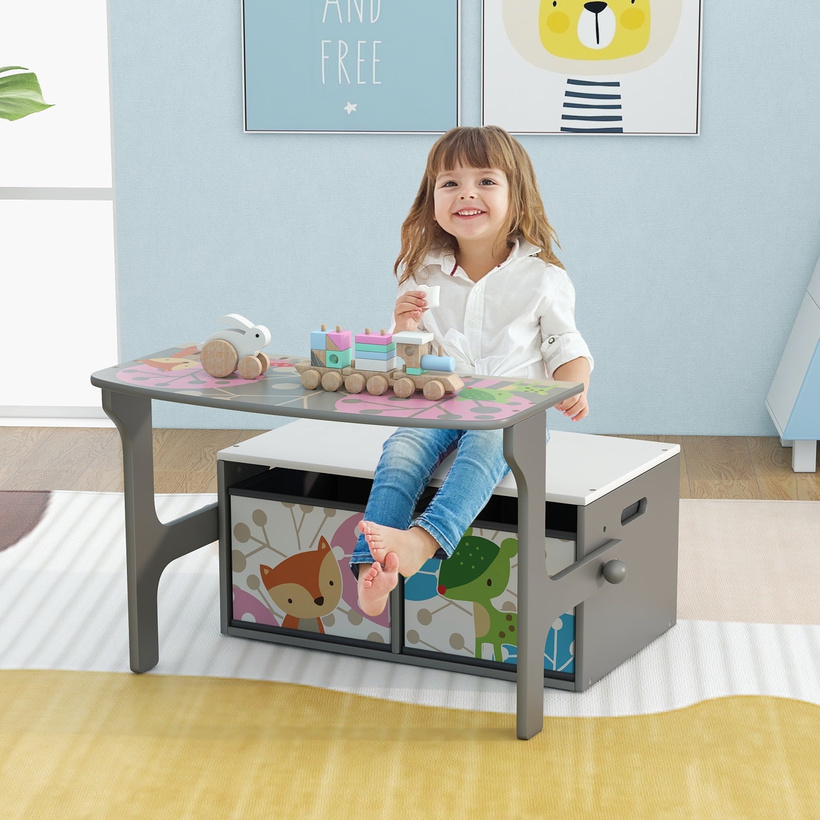 3 in 1 Kids Convertible Activity Bench with 2 Removable Fabric Bins, Gray Kids Chairs & Seating at Gallery Canada