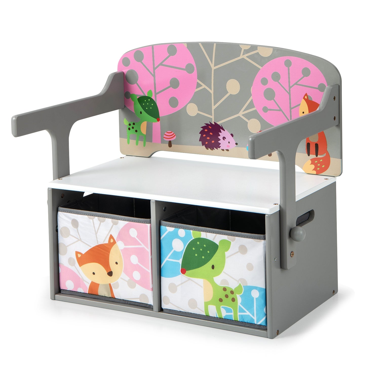 3 in 1 Kids Convertible Activity Bench with 2 Removable Fabric Bins, Gray Kids Chairs & Seating at Gallery Canada